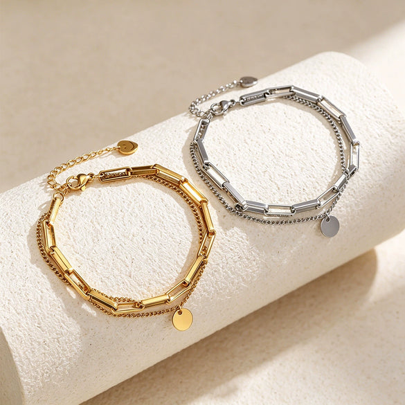 Wholesale Women's Geometric Stainless Steel And Titanium Steel Doublelayer Chain Bracelet With Vacuum Plating