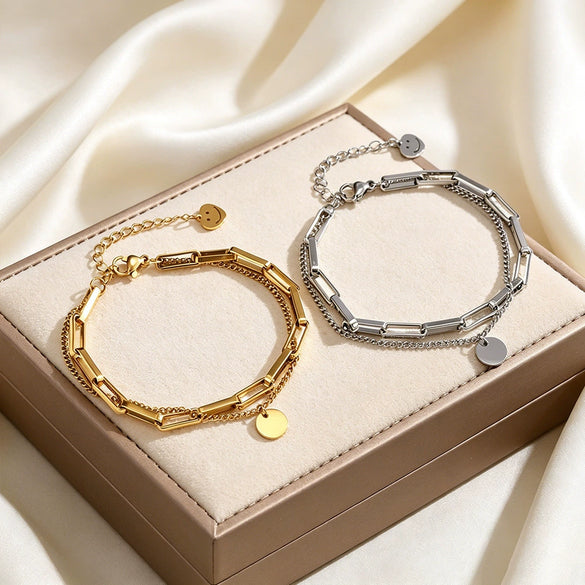 Wholesale Women's Geometric Stainless Steel And Titanium Steel Doublelayer Chain Bracelet With Vacuum Plating