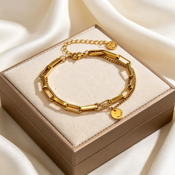 Wholesale Women's Geometric Stainless Steel And Titanium Steel Doublelayer Chain Bracelet With Vacuum Plating