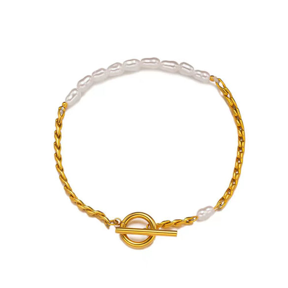 Wholesale Women's Geometric Stainless Steel And Titanium Steel Goldplated Freshwater Pearl Bracelet