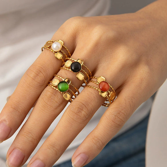 Wholesale Women's Geometric Stainless Steel And Titanium Steel Ring Inlaid With Natural Stone And Electroplated
