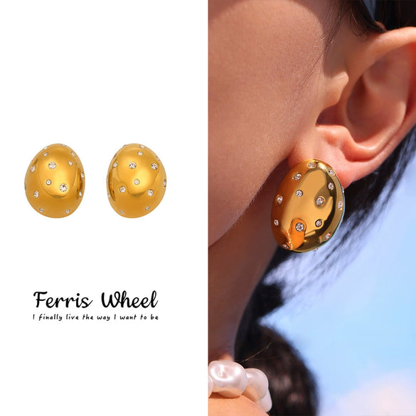 Wholesale Women's Geometric Stainless Steel And Zircon Electroplated Ferris Wheel Oval Diamond Earrings