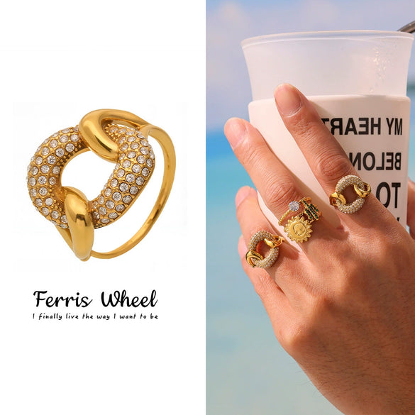 Wholesale Women's Geometric Stainless Steel And Zircon Electroplated Ferris Wheel Twist Knot Side Opening Ring