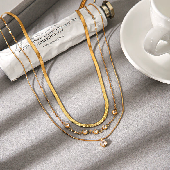 Wholesale Women's Geometric Stainless Steel And Zircon Electroplated Multilayered Necklaces