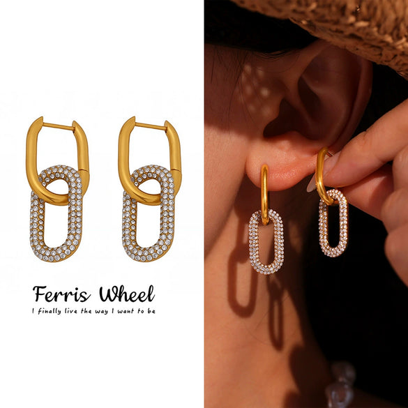 Wholesale Women's Geometric Stainless Steel And Zircon Ferris Wheel Oval Detachable Real Goldplated Earrings With Microencrusted Zircon