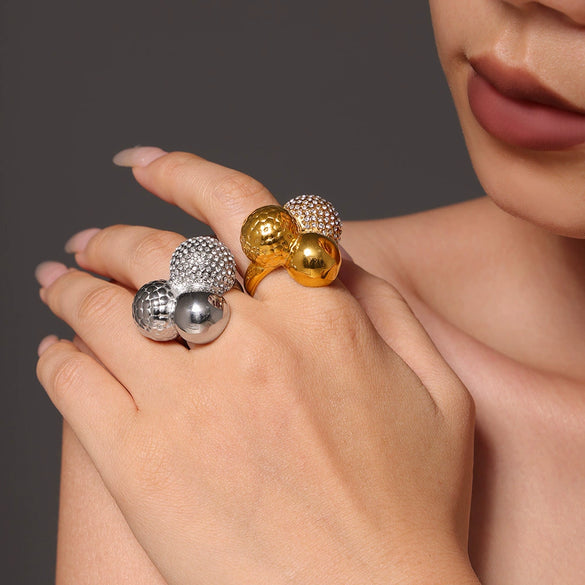 Wholesale Women's Geometric Stainless Steel And Zircon Ring With 18K Gold Plating