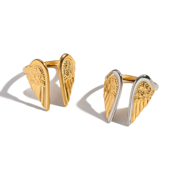 Wholesale Women's Geometric Stainless Steel Angel Wings Open Ring With Pvd Furnace Vacuum Real Gold Plating Hiphop Rock Jewelry