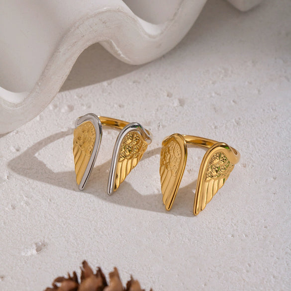 Wholesale Women's Geometric Stainless Steel Angel Wings Open Ring With Pvd Furnace Vacuum Real Gold Plating Hiphop Rock Jewelry