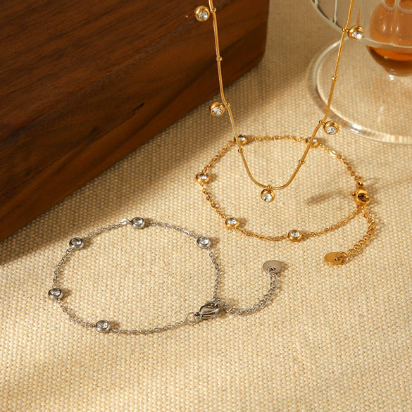 Wholesale Women's Geometric Stainless Steel Bead Chain Zircon Necklace