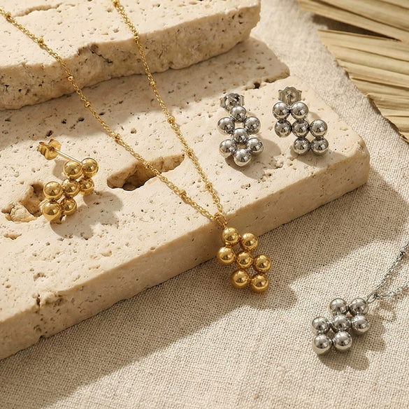 Wholesale Women's Geometric Stainless Steel Bead Splicing Earrings And Necklace Jewelry Set With 18K Gold Plating