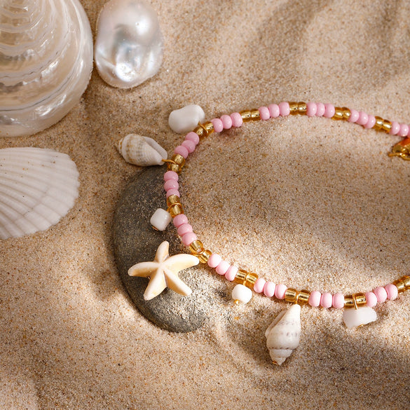 Wholesale Women's Geometric Stainless Steel Beads Shell String Anklet Electroplated Minimalist Ins Style
