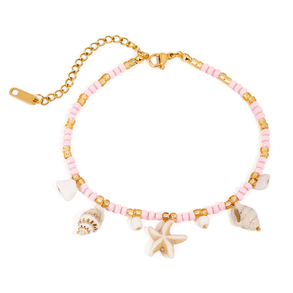 Wholesale Women's Geometric Stainless Steel Beads Shell String Anklet Electroplated Minimalist Ins Style
