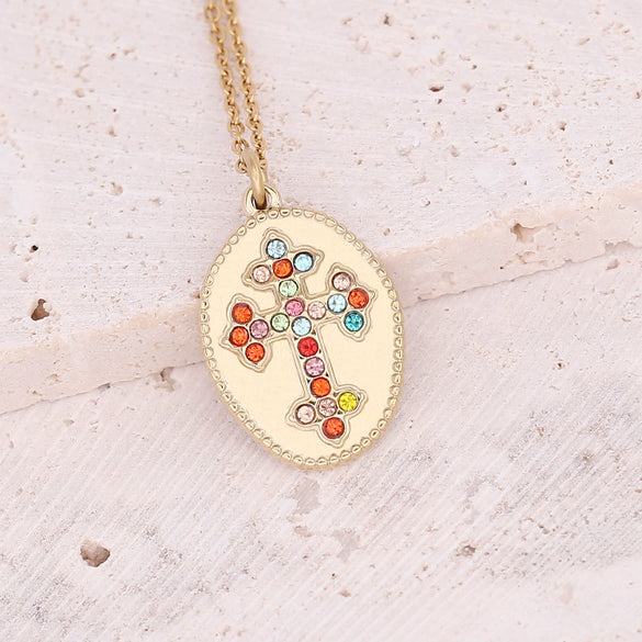 Wholesale Women's Geometric Stainless Steel Cross Necklace With Eye Pattern And Zircon Design