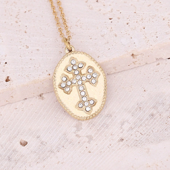 Wholesale Women's Geometric Stainless Steel Cross Necklace With Eye Pattern And Zircon Design