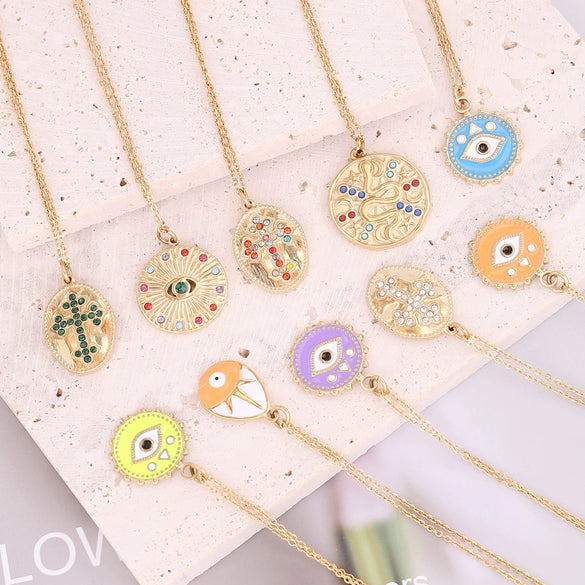 Wholesale Women's Geometric Stainless Steel Cross Necklace With Eye Pattern And Zircon Design