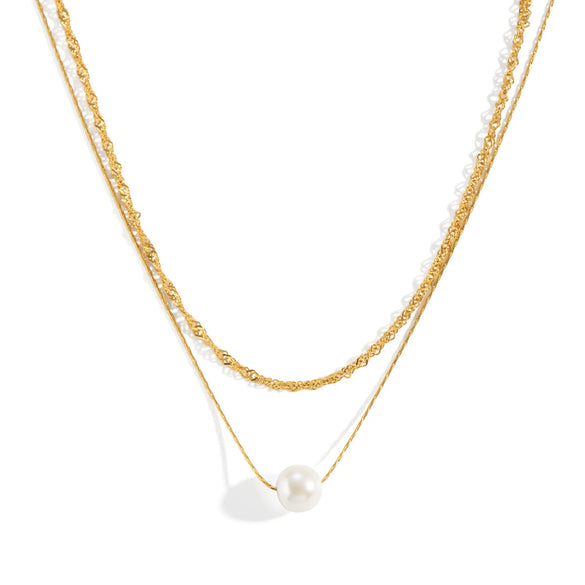 Wholesale Women's Geometric Stainless Steel Doublelayer Sweater Chain Necklace With Imitation Pearl Pendant Pvd Furnace Vacuum Real Gold Plated