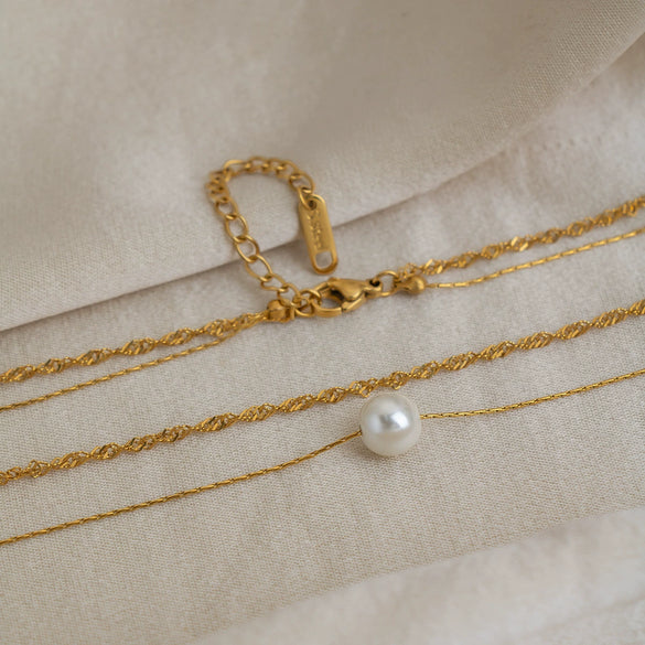 Wholesale Women's Geometric Stainless Steel Doublelayer Sweater Chain Necklace With Imitation Pearl Pendant Pvd Furnace Vacuum Real Gold Plated