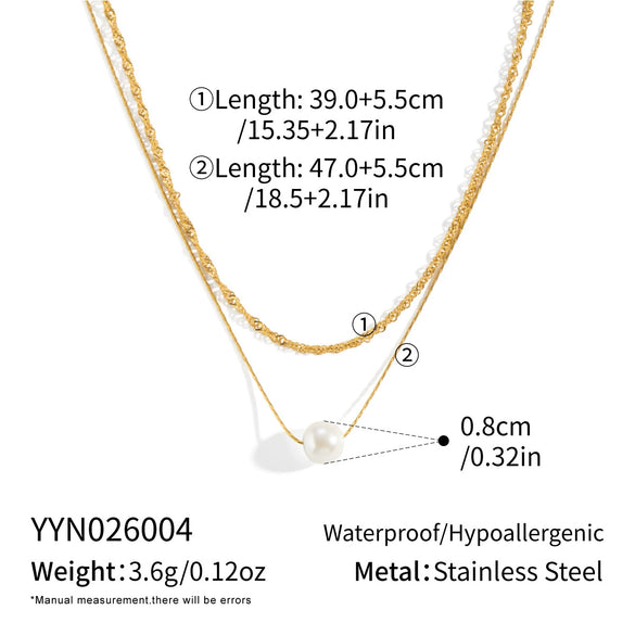 Wholesale Women's Geometric Stainless Steel Doublelayer Sweater Chain Necklace With Imitation Pearl Pendant Pvd Furnace Vacuum Real Gold Plated