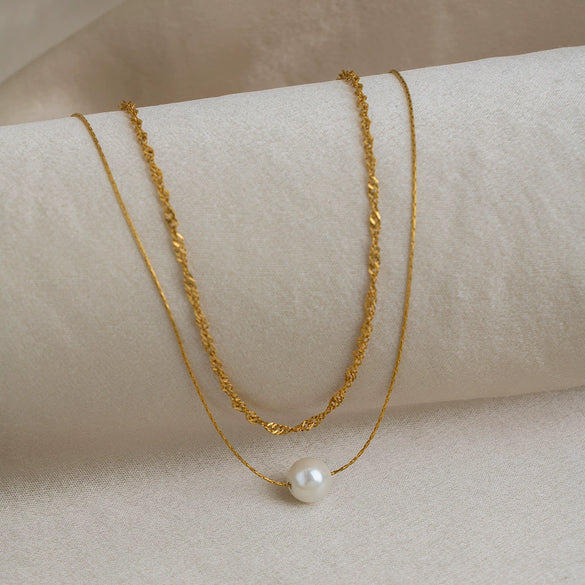 Wholesale Women's Geometric Stainless Steel Doublelayer Sweater Chain Necklace With Imitation Pearl Pendant Pvd Furnace Vacuum Real Gold Plated