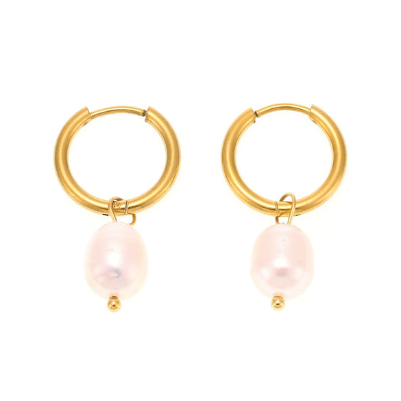 Wholesale Women's Geometric Stainless Steel Earrings With Freshwater Pearl 18K Gold Plated
