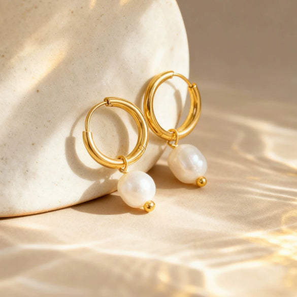 Wholesale Women's Geometric Stainless Steel Earrings With Freshwater Pearl 18K Gold Plated
