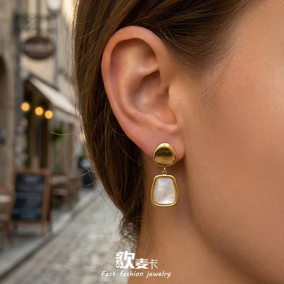 Wholesale Women's Geometric Stainless Steel Earrings With 18K Gold Plating And Motherofpearl Pendant