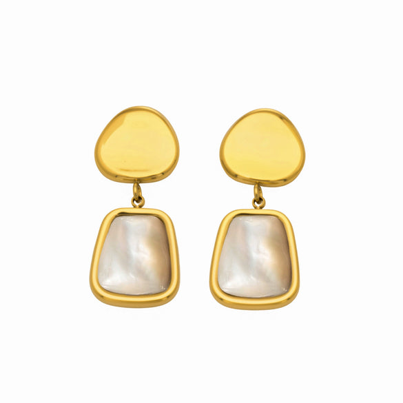 Wholesale Women's Geometric Stainless Steel Earrings With 18K Gold Plating And Motherofpearl Pendant