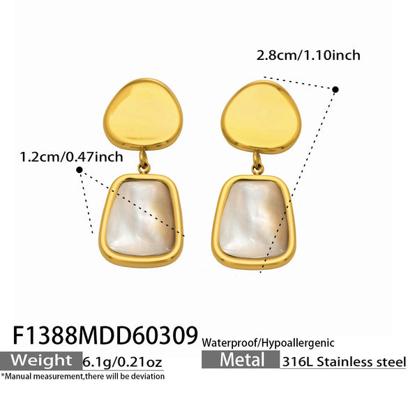 Wholesale Women's Geometric Stainless Steel Earrings With 18K Gold Plating And Motherofpearl Pendant