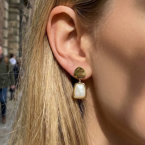 Wholesale Women's Geometric Stainless Steel Earrings With 18K Gold Plating And Motherofpearl Pendant