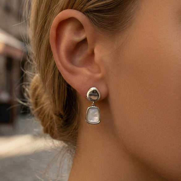 Wholesale Women's Geometric Stainless Steel Earrings With 18K Gold Plating And Motherofpearl Pendant