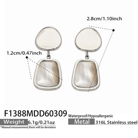 Wholesale Women's Geometric Stainless Steel Earrings With 18K Gold Plating And Motherofpearl Pendant