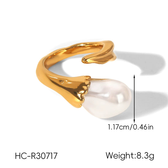 Wholesale Women's Geometric Stainless Steel Electroplated Baroque Pearl Ring Minimalist Ins Style Jewelry