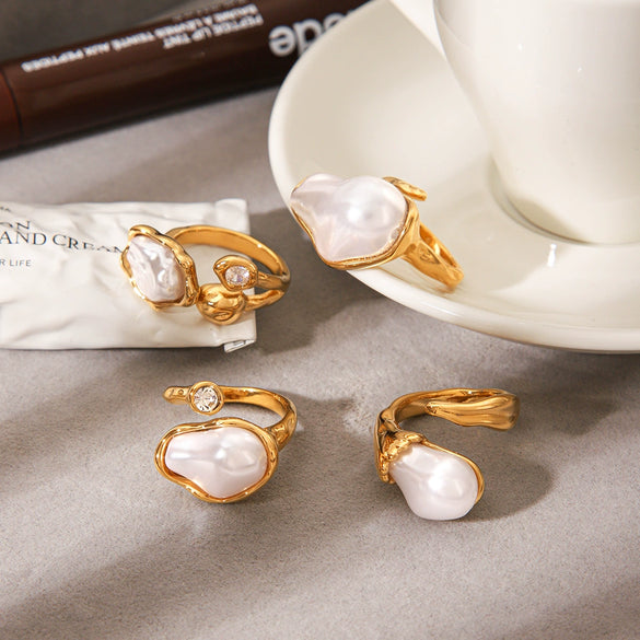 Wholesale Women's Geometric Stainless Steel Electroplated Baroque Pearl Ring Minimalist Ins Style Jewelry