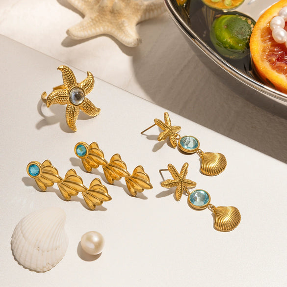 Wholesale Women's Geometric Stainless Steel Electroplated Blue Transparent Cut Glass Light Ear Jewelry