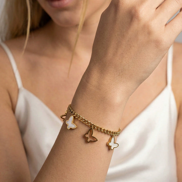 Wholesale Women's Geometric Stainless Steel Electroplated Bracelet With Butterfly Design Cuban Chain