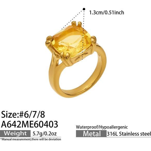 Wholesale Women's Geometric Stainless Steel Electroplated Champagnecolored Cut Rectangular Zircon Ring Jewelry
