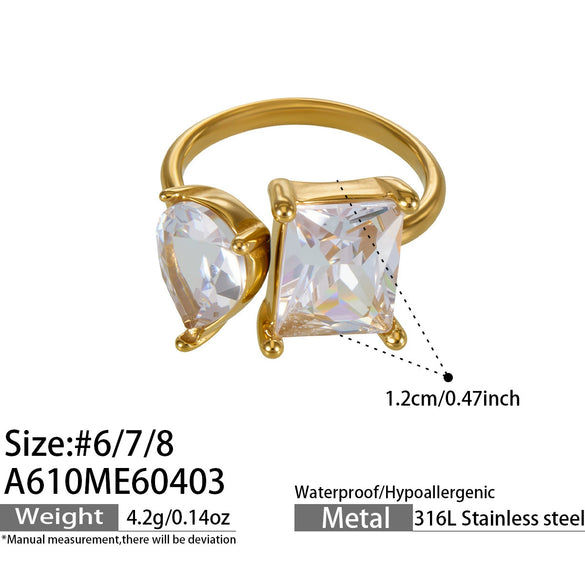 Wholesale Women's Geometric Stainless Steel Electroplated Champagnecolored Cut Rectangular Zircon Ring Jewelry