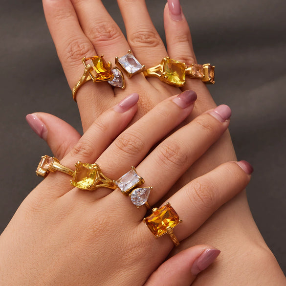 Wholesale Women's Geometric Stainless Steel Electroplated Champagnecolored Cut Rectangular Zircon Ring Jewelry