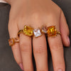 Wholesale Women's Geometric Stainless Steel Electroplated Champagnecolored Cut Rectangular Zircon Ring Jewelry