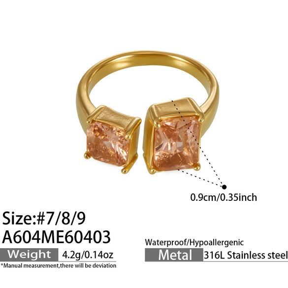 Wholesale Women's Geometric Stainless Steel Electroplated Champagnecolored Cut Rectangular Zircon Ring Jewelry