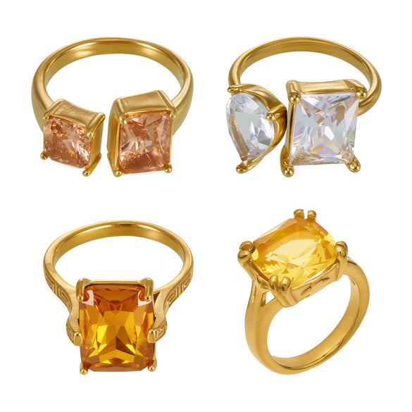 Wholesale Women's Geometric Stainless Steel Electroplated Champagnecolored Cut Rectangular Zircon Ring Jewelry