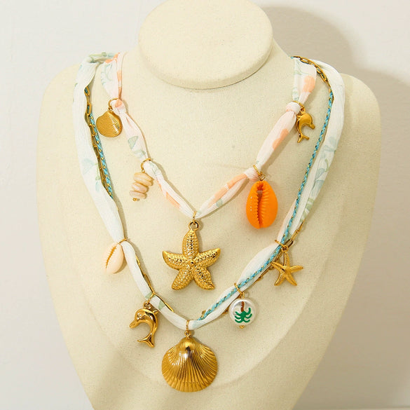 Wholesale Women's Geometric Stainless Steel Electroplated Clavicle Chain Necklace With Fish Tail And Starfish Pendant