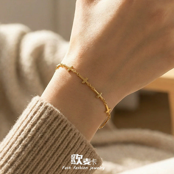 Wholesale Women's Geometric Stainless Steel Electroplated Cross Chain Bracelet Light Luxury Minimalist Fashion Jewelry