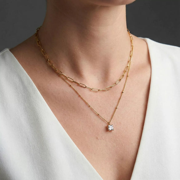 Wholesale Women's Geometric Stainless Steel Electroplated Cross Chain Square Stone Necklace