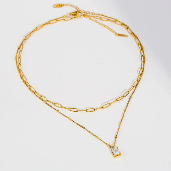 Wholesale Women's Geometric Stainless Steel Electroplated Cross Chain Square Stone Necklace