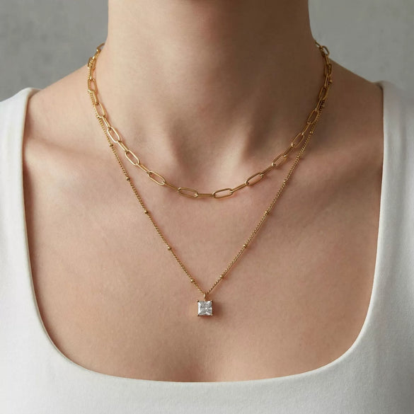 Wholesale Women's Geometric Stainless Steel Electroplated Cross Chain Square Stone Necklace