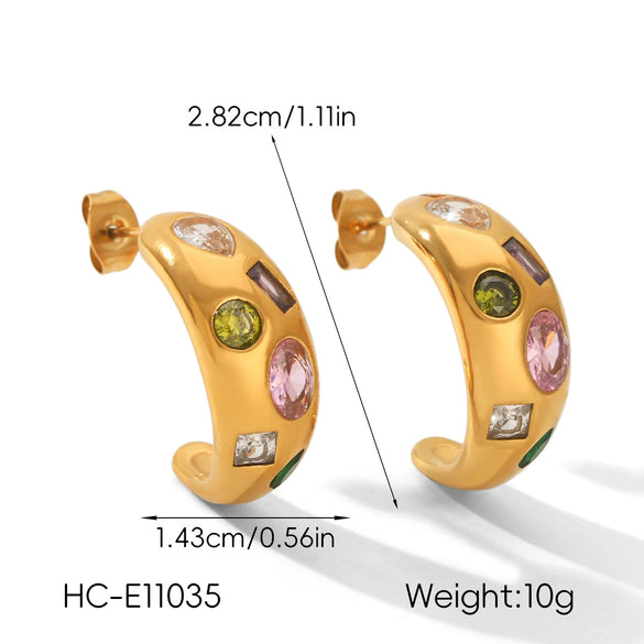 Wholesale Women's Geometric Stainless Steel Electroplated Cshaped Earrings With Colorful Zircon Inlays