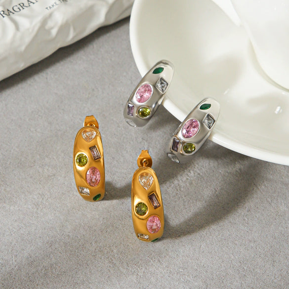 Wholesale Women's Geometric Stainless Steel Electroplated Cshaped Earrings With Colorful Zircon Inlays