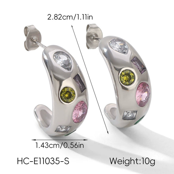 Wholesale Women's Geometric Stainless Steel Electroplated Cshaped Earrings With Colorful Zircon Inlays