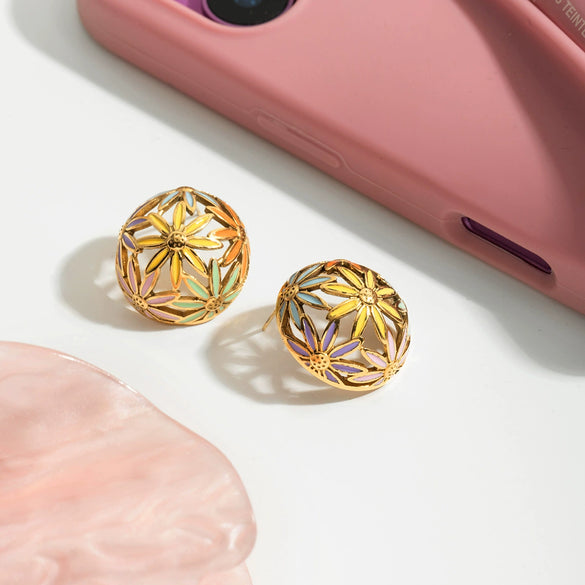 Wholesale Women's Geometric Stainless Steel Electroplated Cut Out Ball And Flower Earrings Niche Design